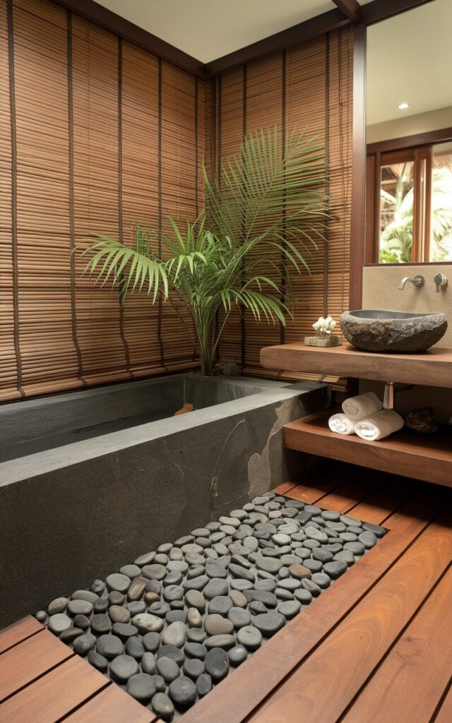A photo of a cozy, fully furnished modern Balinese bathroom. There's a deep stone soaking tub with a natural pebble mat laid in front of it. The mat's smooth, rounded stones provide grounding texture against warm teak wood floors. The bathroom has a floating vanity with a stone basin, bamboo blinds, and a lush green palm plant. Soft ambient lighting and earthy textures complete the tranquil, spa-like atmosphere rooted in modern tropical serenity.