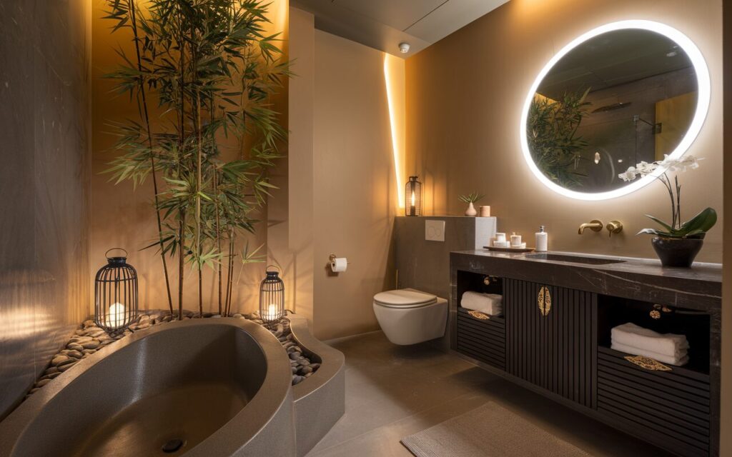 A photo of a cozy, fully furnished modern glam + chic + Asia Zen bathroom that exudes tranquility and elegance in equal measure. The space features a deep soaking tub with smooth, curved edges placed near a tall bamboo plant and softly glowing lanterns. The walls are painted in a warm neutral tone, accented with sleek marble and matte black finishes. A floating vanity with gold-trimmed hardware holds a ceramic tray with minimalist essentials, while a backlit round mirror adds soft, ambient light. The bathroom has a toilet, a floor rug, and a LED light strip along the ceiling. The room is clutter-free and balanced, with plush rolled towels, a pebble mat underfoot, and a sculptural stool placed beside the tub. A blend of velvet and linen textures, sheer drapes, and warm lighting from a pendant fixture create an atmosphere that is inviting yet serene. Subtle touches—like incense burning gently in a corner, a tiny bonsai, and a candle flickering next to a folded robe—complete the look, making the space feel like a peaceful sanctuary that defines a cozy bathroom. Natural light is soft, filtered.