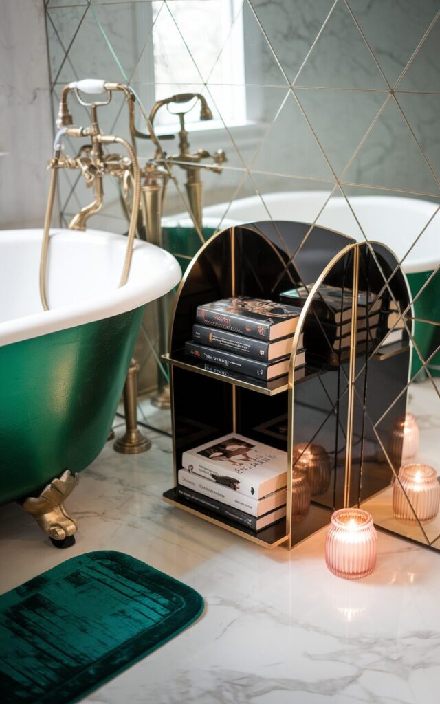 A photo of a cozy modern Art Deco bathroom with a sleek, tiny bookshelf set beside a curved freestanding tub. The shelf features glossy black and gold finishes, housing a small stack of hardcovers with bold, elegant spines. A geometric mirror, marble flooring, and brass fixtures reflect the glam Art Deco flair, while soft lighting, a velvet bath mat, and a scented candle nearby create an inviting, intimate reading nook. Hints of emerald green and blush pink add a luxe, cozy finish. Natural light is soft.