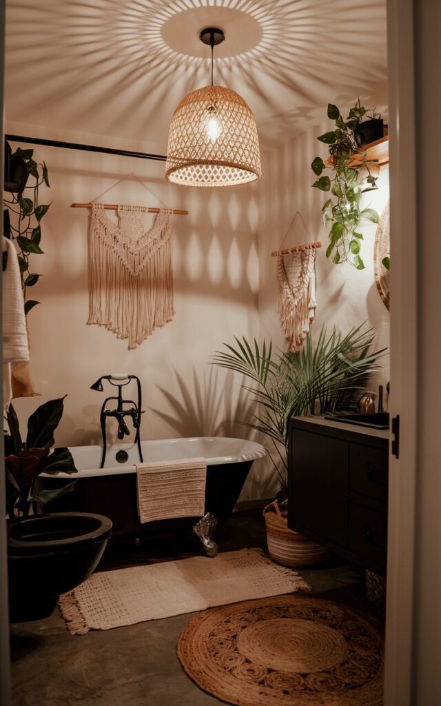 A photo of a cozy modern Boho bathroom fully furnished and illuminated by a single pendant light with a woven rattan shade, casting warm, patterned shadows across the room. The space features matte black fixtures, a freestanding tub, a vanity, floor rug, etc. Indoor plants and macramé accents add organic warmth, while the soft glow of the pendant creates an inviting atmosphere despite the lack of natural light.