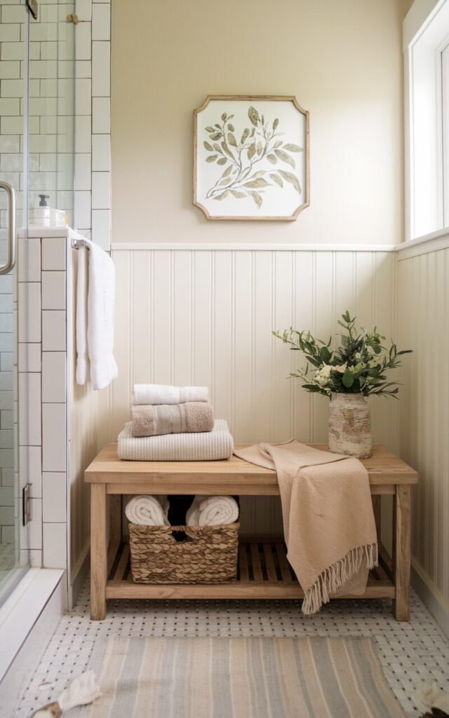 A photo of a cozy modern farmhouse bathroom with a small wooden bench outside the shower area. The bench is made of lightly distressed oak and adds charm and function to the space. It can be used as a place to sit, stack towels, or set down a change of clothes. A woven basket underneath the bench holds rolled-up linens, and a soft throw draped across the bench makes it feel welcoming and thoughtful. The bathroom has creamy walls and beadboard paneling.