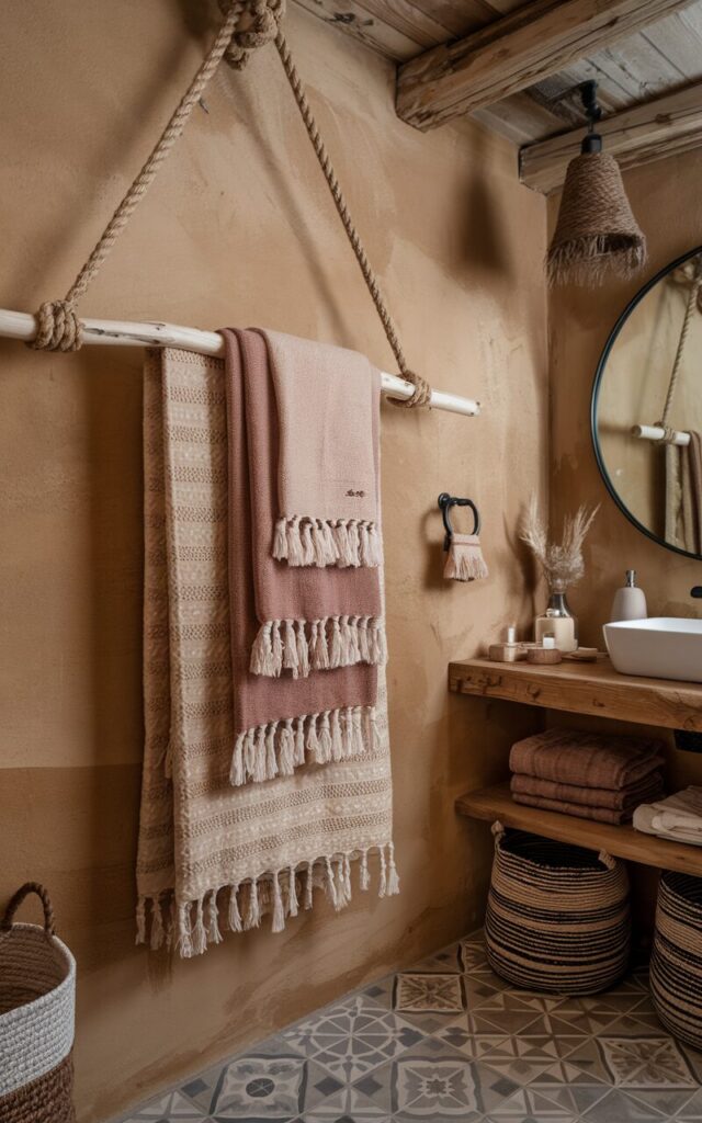 A photo of a cozy modern rustic bathroom with earthy plaster walls, reclaimed wood accents, and patterned tiles in warm neutral tones. From the ceiling, thick natural jute rope is suspended and knotted to hold a smooth wooden dowel, which serves as a unique towel rack draped with fringed, textured towels in muted colors. The space features a wooden vanity, wooden shelf with essentials, woven baskets, and a large round mirror, blending rugged charm with relaxed Boho elegance.