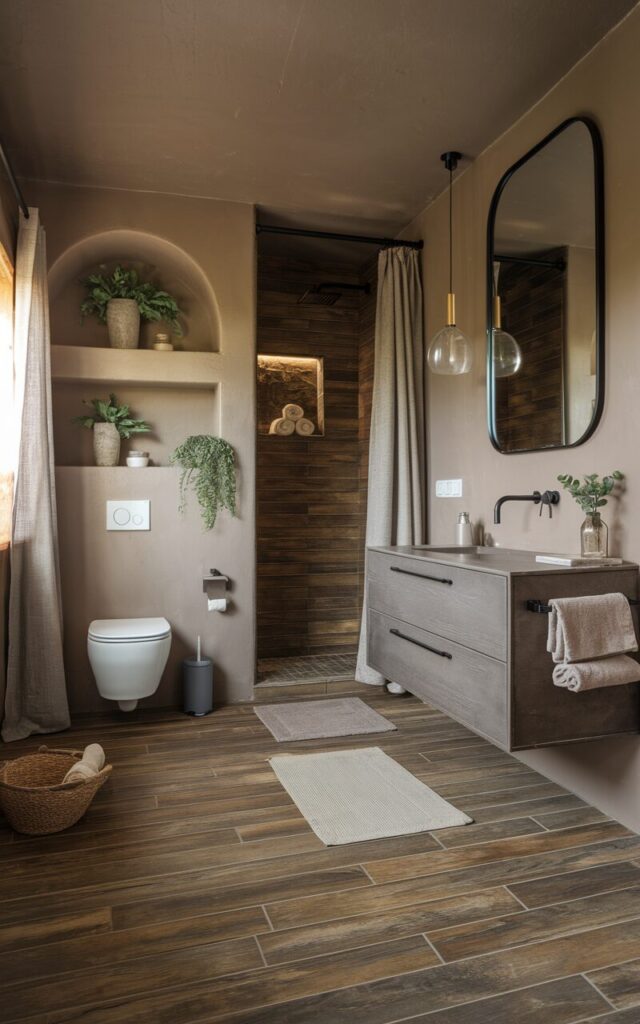 A photo of a golden hour lit rustic bathroom with a modern twist. The floor is covered with wood-look tiles in a walnut tone. There's a sleek, floating vanity with matte black hardware, a frameless mirror, and a minimalist pendant light. The walls are a soft taupe colour. There are stone or concrete elements, linen textiles, potted greenery, and a built-in niche with rolled towels. The space has a toilet, open shelves, a curtained window, a floor rug, and a shower area.