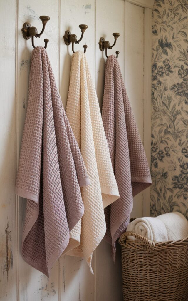 A photo of a cozy shabby chic bathroom with soft waffle-knit towels hanging neatly on vintage-style hooks against a distressed whitewashed wooden wall. The towels are in muted pastel shades like dusty rose and cream, adding gentle texture and warmth. Nearby, a weathered wicker basket holds rolled linens, while floral wallpaper and antique brass fixtures complete the inviting, lived-in charm of the space.