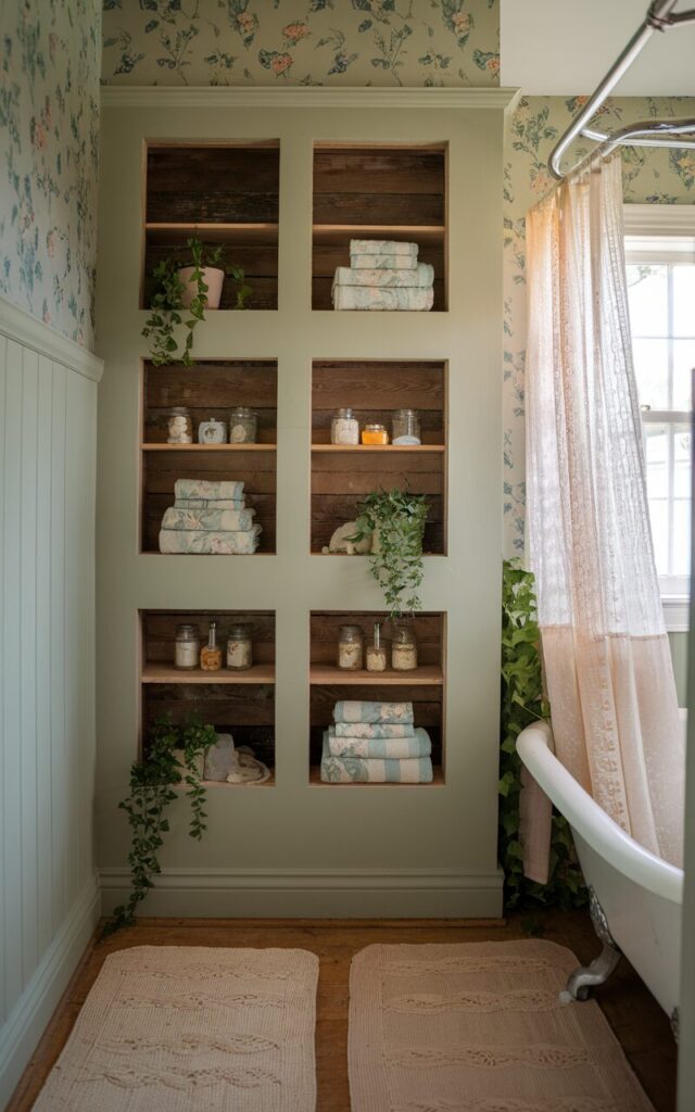 A cozy small cottagecore bathroom with soft natural lighting. The room features an awkward nook cleverly transformed into 3-4 built-in storage cubbies. Each cubby is made of rustic reclaimed wood with visible grain and slightly distressed edges. Inside, there are neatly folded floral-patterned towels, glass jars of bath salts, and small potted plants like trailing ivy or lavender. The walls are painted in a muted sage green, with vintage floral wallpaper on one side. A clawfoot tub with a sheer lace curtain sits nearby, and soft woven rugs cover the wood or hex tile floor. The space feels warm, organized, and full of nostalgic charm.