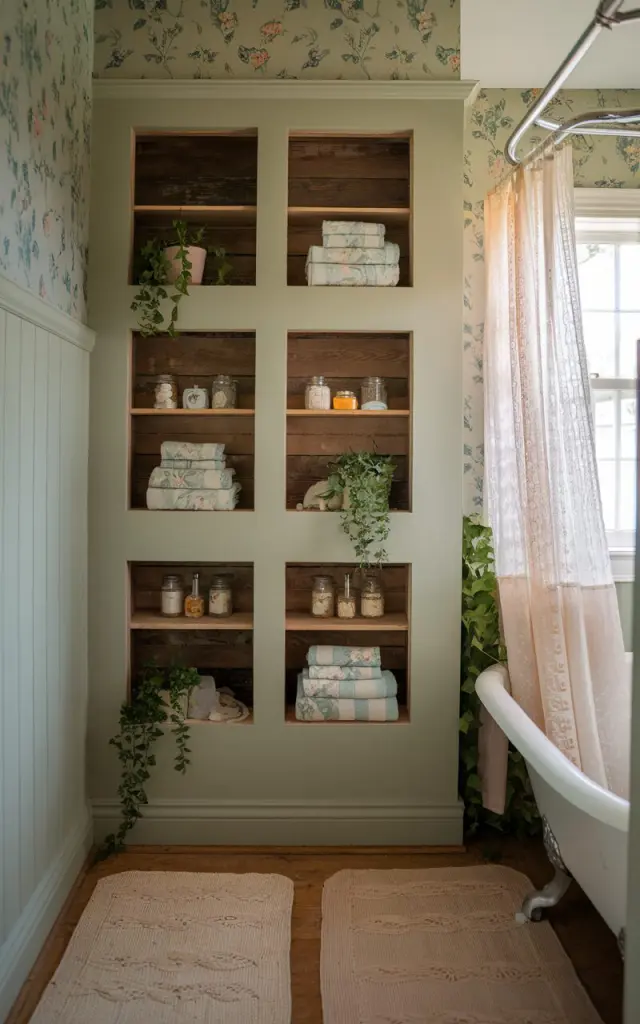 A cozy small cottagecore bathroom with soft natural lighting. The room features an awkward nook cleverly transformed into 3-4 built-in storage cubbies. Each cubby is made of rustic reclaimed wood with visible grain and slightly distressed edges. Inside, there are neatly folded floral-patterned towels, glass jars of bath salts, and small potted plants like trailing ivy or lavender. The walls are painted in a muted sage green, with vintage floral wallpaper on one side. A clawfoot tub with a sheer lace curtain sits nearby, and soft woven rugs cover the wood or hex tile floor. The space feels warm, organized, and full of nostalgic charm.