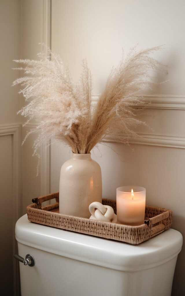 A photo of a cozy, styled toilet corner in a soft neutral-toned bathroom. A decorative tray is placed atop the toilet tank, holding a beige ceramic vase filled with soft, feathery pampas grass, a softly glowing scented candle in a frosted glass jar, and a small sculptural decor piece, like a carved stone knot or a vintage trinket. The tray itself is woven or wooden, adding texture and warmth. Set against a pale beige or ivory wall with subtle panel molding, the arrangement feels intentional and serene, turning even the simplest spot into a charming, styled moment.