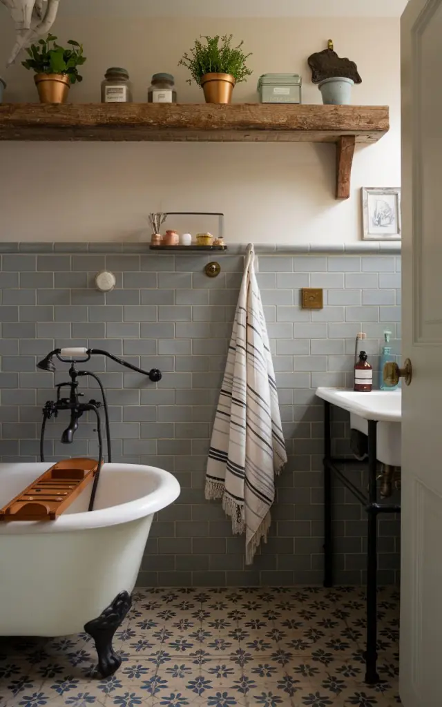 A photo of a cozy yet refined bathroom blending modern rustic charm with classic English style. The walls are clad in soft gray subway tiles with a matte finish, and directly embedded into the tiled wall are simple black iron towel pegs, creating a seamless, understated look. Above, a reclaimed oak beam shelf holds small potted herbs and apothecary jars, while a clawfoot tub, patterned encaustic floor tiles, and antique brass fixtures complete the warm and elegant atmosphere.