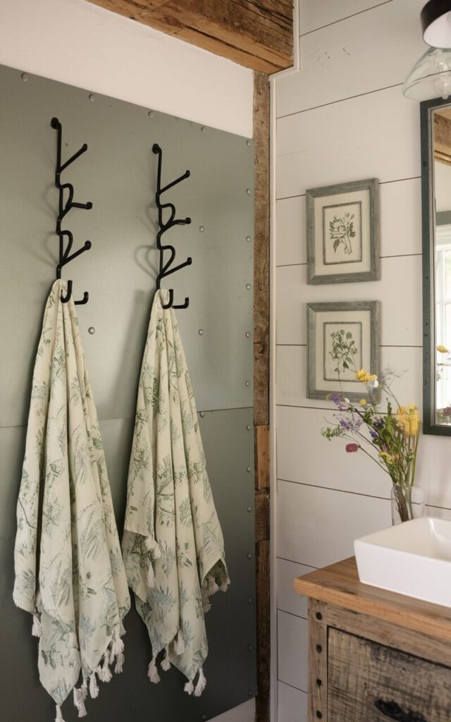 A photo of a cozy yet stylish bathroom that blends modern rustic warmth with whimsical cottagecore charm. One wall features a matte metal panel in a muted sage green, with black magnetic hooks arranged in a playful zig-zag pattern, each holding soft, floral-printed and linen towels. Around the room, exposed wooden beams, whitewashed shiplap walls, 2 vintage botanical framed art, and a small vase of wildflowers on a reclaimed wood vanity create a space that feels both earthy and enchanting, practical yet dreamy.