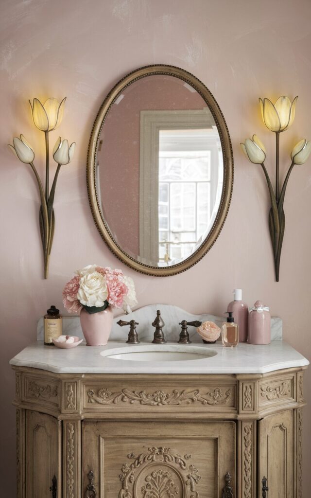 A dreamy vintage chic bathroom with elegance and old-world romance. The focal point is a vintage-style vanity with a carved wooden base and marble top, above which hangs an oval, beveled-edge mirror with a soft antique gold frame. Flanking the mirror are two Art Nouveau brass tulip sconces—delicately curved stems with tulip-shaped glass shades (with warm yellow light). On the vanity, soft pink and ivory accessories—apothecary jars, a ceramic soap dish, a tiny perfume bottle—echo the romantic, lived-in luxury. The wall is painted in dusty rose or muted pearl, completing the look with soft nostalgia and effortless charm.