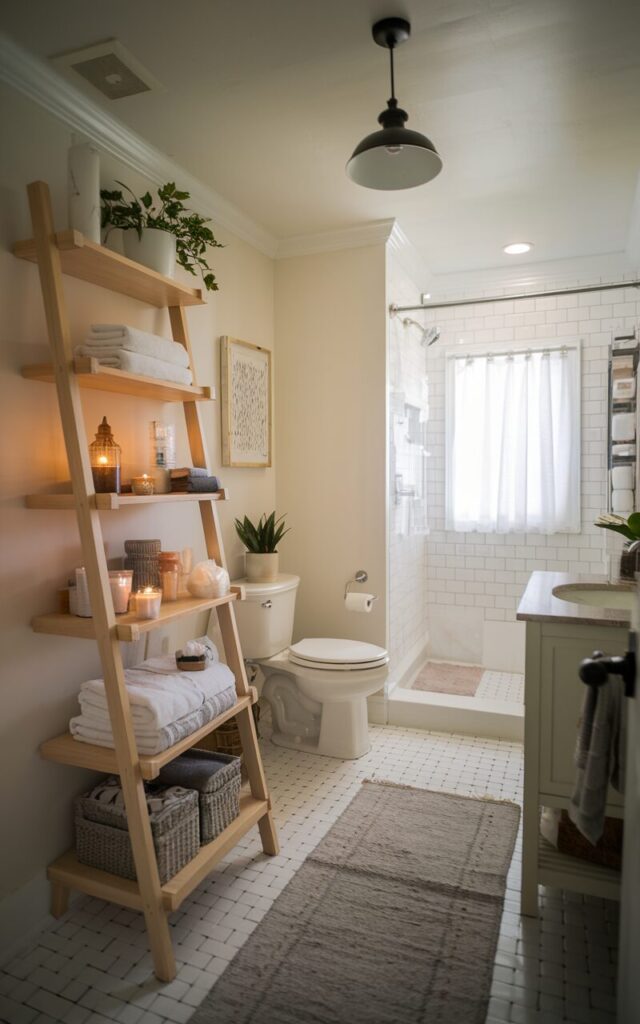 A farmhouse-style bathroom with a ladder rack for storing towels, candles, plants, books, and other bathroom essentials. The bathroom features a toilet, vanity, shower area, and a recessed ceiling with a pendant light. There is a floor rug in the room. The space is clutter-free and well-decorated. Natural light is soft, filtered through a curtained window.