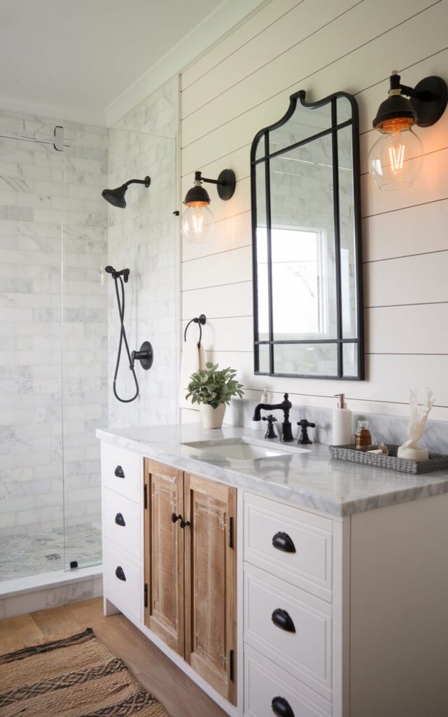 A photo of a farmhouse-style bathroom with white marble surfaces and bold matte black fixtures. The vanity countertop and shower walls are made of crisp white marble with soft gray veining. Black metal faucets, showerheads, and cabinet pulls stand out against the stone. The room includes a vintage-inspired black-framed mirror above a rustic wooden vanity in warm, reclaimed oak. Shiplap walls painted in soft white add texture, while black industrial-style sconces with clear glass bulbs (warm light on) flank the mirror. A patterned woven rug lies on a natural wood floor, and a small potted plant rests on the counter for a touch of greenery. The overall look blends clean elegance with farmhouse warmth.