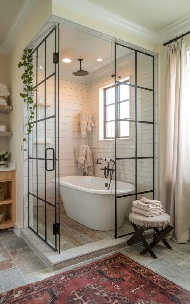 A photo of a farmhouse-style ensuite bathroom with a glass-enclosed wet zone. The wet zone contains a freestanding tub and rainfall shower. The tub sits on rustic wood-look tile flooring. The wet area is surrounded by framed glass panels with black grid trim. The walls are painted soft white and have shiplap. There is a vintage rug outside the glass enclosure. The space has warm brass accents, a stool with folded linens, and a trailing plant in the corner. There is a vanity, open shelves, and a window with light linen curtains.