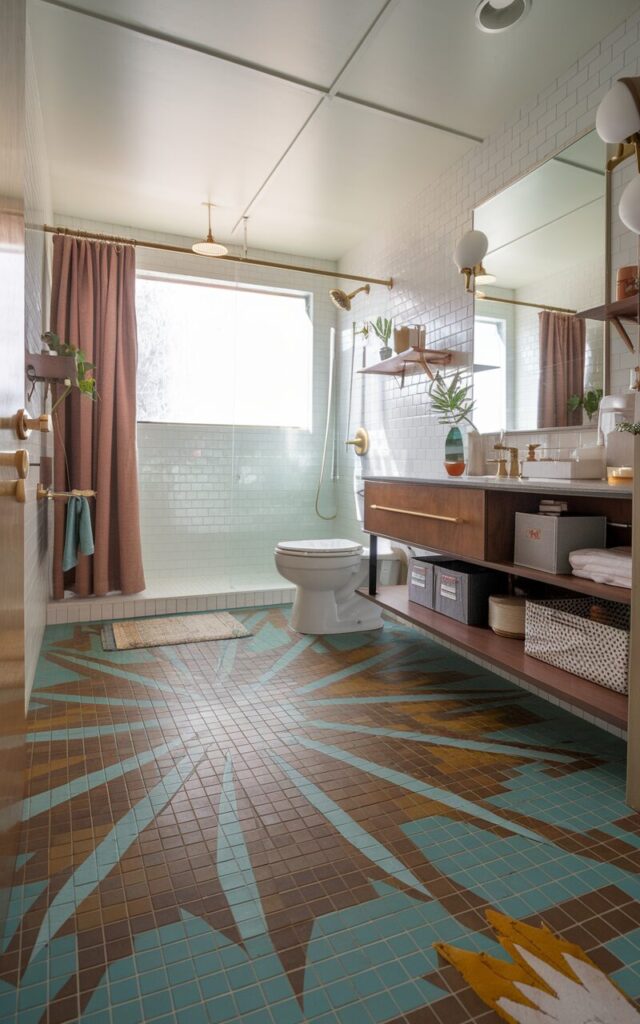 A photo of a mid-century modern bathroom with a striking mosaic tile floor. The floor has a bold sunburst pattern in muted tones of teal, mustard, and burnt orange. The geometric design adds dynamic visual interest beneath sleek white fixtures and warm wood accents. Clean lines, brass hardware, and soft natural light complete the retro-inspired space. The bathroom has a toilet, shower area, a vanity with essentials, storage boxes, open shelves, curtained window, floor rug, and a few plants.