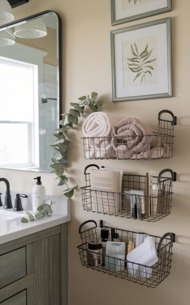 A photo of a modern farmhouse bathroom with a touch of casual utility. There is a vanity with a sink and a mirror. On the wall near the vanity, there are two wire baskets for storage. One basket contains neatly rolled hand towels in neutral shades, while the other holds reading material and skincare essentials. The black metal frames of the baskets contrast beautifully against the soft beige walls. Above the baskets, there are framed botanical prints. A sprig of eucalyptus is placed nearby, adding a touch of greenery to the space.