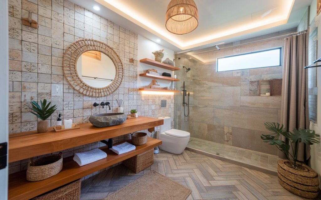 A photo of a fully furnished Balinese + cottagecore bathroom with a rich variety of tilework. The focal point is a patterned tile backsplash behind the vanity, featuring delicate, nature-inspired motifs in earthy tones. The floor is laid with wood-look tiles in a herringbone pattern. The walk-in shower features smooth, neutral stone tiles. A floating teak vanity with a stone vessel sink sits beneath a round rattan-framed mirror. The ceiling is recessed with soft ambient lighting, and a woven pendant light adds a handcrafted, artisanal feel. The space also has a toilet, curtained window, floor rug, open shelves with essentials, woven baskets, and potted greenery.