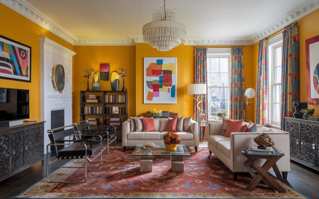 A photo of a living room painted in sunny yellow. The room features a mix of Bauhaus and traditional furniture. There is a steel-framed chair, a contrasting sofa set, a glass-top coffee table, a carved wood sideboard, and a richly patterned area rug. Abstract artwork, classic curtains, and a statement chandelier bring harmony between the two styles. Colorful accents, clean lines, and ornate details combine for a playful yet elegant vibe. The room has a TV, a fireplace, a bookshelf, and a cozy coffee nook beside a window. The sofa is placed opposite to the TV. The room has natural light.