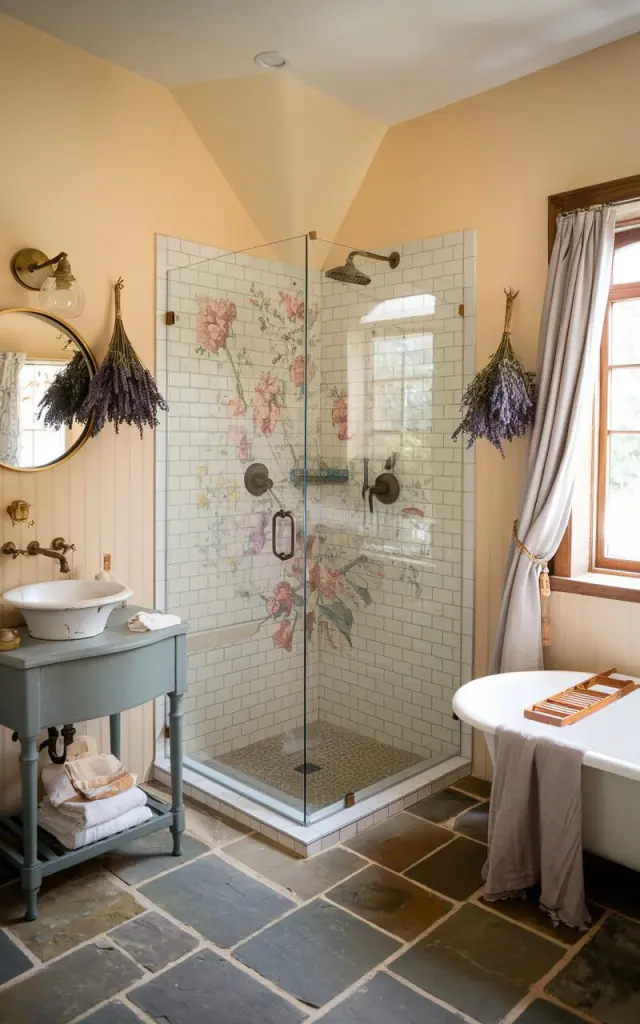 A photo of a fully-furnished English countryside bathroom with a warm, rustic charm. The focal point is a frameless glass shower angled cleverly in a corner to maximize the floor space, creating an open, airy layout. Surrounding it are vintage-style floral tiles and soft cream beadboard walls. The flooring is weathered flagstone tiles. A clawfoot tub sits nearby with a linen curtain draped beside it. Antique brass fixtures, a freestanding vanity with a porcelain basin, and a round gold mirror add character. Dried lavender bundles hang near a wood-framed window, letting in natural light. The space is cozy, practical, and charmingly old-world.