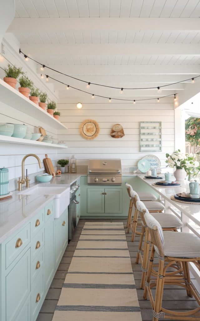 A photo of a fully furnished and charming outdoor kitchen in a U-shaped layout, blending coastal and modern cottagecore styles. The counters are topped with light quartz surfaces, and the base cabinetry is painted in soft seafoam green with brass cup pulls. On one side, a farmhouse sink is paired with a gooseneck faucet and open shelves above holding pastel ceramic dishes and herbs in terra cotta pots. Another side features a built-in grill and prep station, while the third arm of the “U” serves as a bar-height seating area with rattan stools and striped cushions. White shiplap paneling, driftwood accents, and string lights overhead complete the relaxed, breezy, and beautifully organized space.