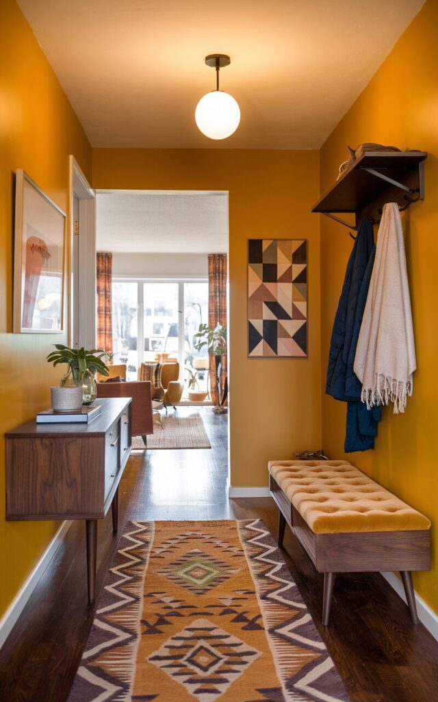 A photo of a mid-century modern hallway leading to a living room. The walls are painted in a bold and cheerful mustard yellow hue. The hallway features a floating console with tapered legs, a low-profile bench with a tufted cushion, and a wall-mounted coat rack with coats and towels hanging. There is a geometric wall art and a patterned rug in complementary earth tones. A globe pendant light hangs above, casting a warm glow. The living room is visible in the background.