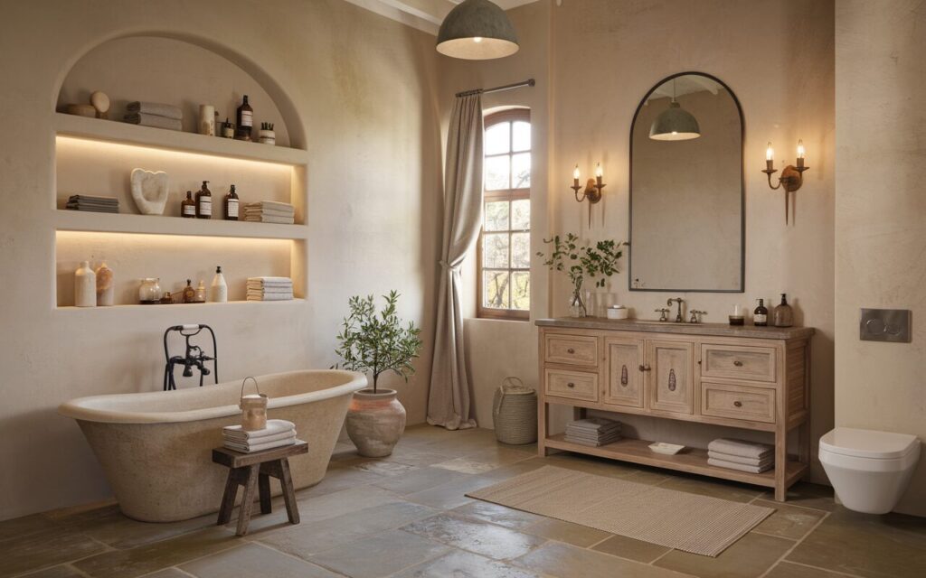 A photo of a European and rustic blend styled beige bathroom. The bathroom has smooth beige plaster walls and natural stone floors in warm taupe. There is a classic freestanding tub beside a vintage wood stool that holds folded linen towels and a ceramic candle holder. A rustic oak vanity with aged brass hardware sits below a large arched mirror, flanked by traditional sconces with warm light on. Open shelves display neatly arranged skincare and neutral-toned jars. There is a touch of greenery with potted olive and ivy plants. The bathroom also has a toilet, floor rug, curtained window, and a ceiling hanging pendant light. The natural light is soft, but the interior lighting lights up the space.