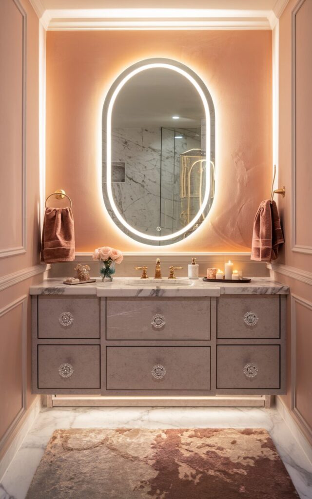 A photo of a fully furnished cozy, luxurious glam bathroom. There is a large oval mirror framed with soft, warm LED backlighting that casts a golden glow against the blush-toned walls. The mirror hangs above a marble-top vanity with brushed gold fixtures and crystal drawer pulls. There are velvet hand towels, a small vase of roses, and a candle tray. The bathroom also has soft under-cabinet lighting and a plush rug. The natural light is soft and even.