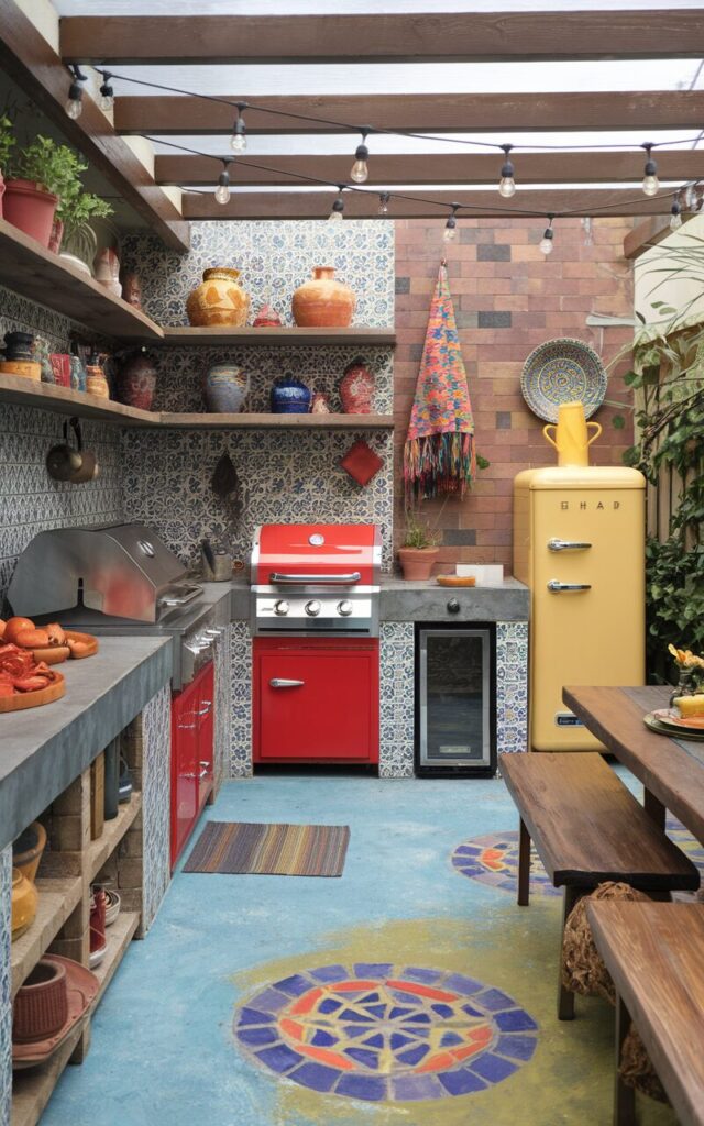 An eclectic outdoor kitchen with a bright red grill, a sunshine-yellow smoker, and a retro-style fridge. The kitchen is furnished with patterned tile walls, open shelves, colorful pottery, and bohemian textiles. The countertops are made of reclaimed wood and polished concrete. There are hanging string lights, potted herbs, and a painted mosaic floor. The space has a cooking station and a dining area with seats.