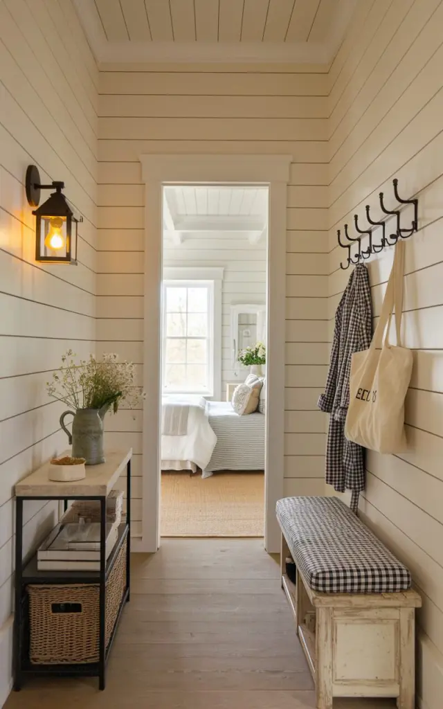 A photo of a farmhouse-style hallway leading to a bedroom. The walls are made of soft beige shiplap, adding texture and warmth to the space. The horizontal planks give the room a clean yet rustic charm. Along one side of the hallway, there's a weathered wood bench with a gingham cushion and a row of vintage-style black metal hooks with robes and tote bags. There's also a small console table with a ceramic jug of wildflowers, a wicker basket for storage, and a lantern-style wall sconce with a yellow light on. The shiplap creates a sense of continuity and comfort, guiding the eye towards the inviting bedroom beyond.