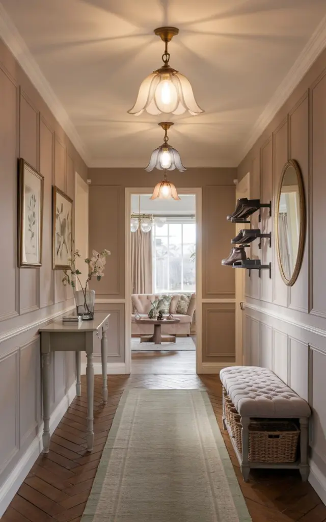 A photo of a fully furnished hallway. The hallway has a transitional style and an English countryside touch. There are two to three pendant lights hung in a row along the ceiling. The pendants have soft, curved silhouettes with glass shades in warm ivory and soft grey, suspended by aged brass fittings. The hallway has a balanced blend of classic and contemporary elements. There are paneled walls painted in a soft neutral, like warm taupe or dusty cream, and herringbone wood flooring with a vintage runner. There is a slender console table with turned legs, a tufted bench with storage baskets underneath, and a wall-mounted shoe rack with shoes. There are framed botanical prints and a round antique-style mirror. The pendant lights cast a warm, welcoming glow, guiding the way to the living room beyond.
