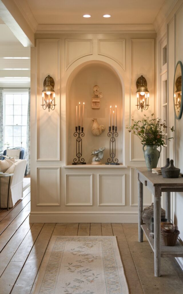 A photo of a fully furnished hallway in French country and rustic style. The hallway is positioned between the living room and bedroom. The focal point is a recessed wall niche, softly arched and painted in a creamy off-white or muted stone tone. Inside the niche, there is a delicate arrangement of décor: a small vintage-style sculpture, taper candles in wrought iron holders, and a few charming trinkets like ceramic birds or antique keys. The walls feature subtle paneling, complemented by aged brass sconces on either side of the niche casting a warm glow. The flooring is wide-plank wood, slightly distressed, with a faded floral runner adding softness. Nearby, a weathered console table holds a vase of wildflowers and a rustic lamp, completing the scene with timeless countryside charm.
