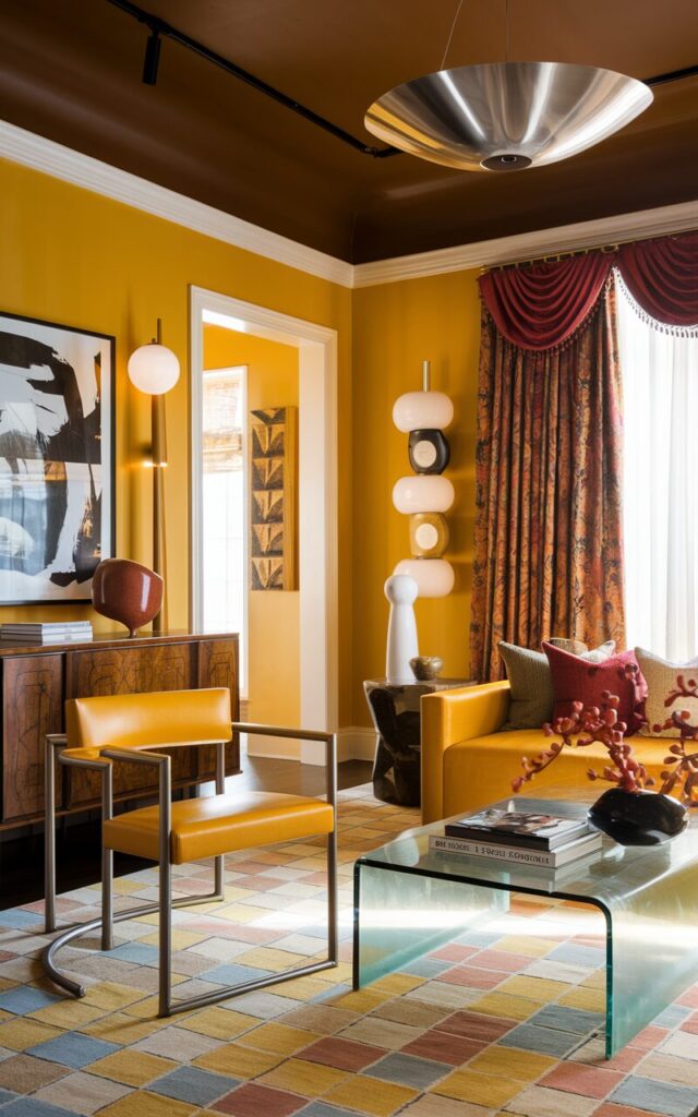 A photo of a sunny yellow living room with a blend of Bauhaus and traditional styles. The room features a tubular steel armchair, a minimalist glass coffee table, a patterned rug, and an ornate wooden sideboard. The walls are painted yellow, and there is a deep red and gold curtain. The room also contains abstract art, modern and classic lighting fixtures, and a cozy sofa with colorful throw pillows. The ceiling is painted brown, and there is a large sculptural pendant light.