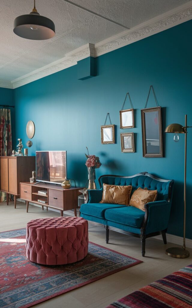 A photo of a fully furnished living room painted in vibrant teal blue. The room blends Victorian elegance with mid-century modern flair. The space features a contrasting loveseat, a tufted velvet ottoman in warm pink, a sleek mid-century wooden cabinet, and a classic floor lamp with a brass finish. A minimalist TV stand holds decorative objects alongside the television, while 2-3 vintage-inspired photo frames hang on the wall, adding personal charm. Rich textures, bold patterns, and elegant wood details complete the stylish and lively atmosphere. Natural light is soft, ambient. The ceiling has textured light-colored paint and a modern pendant light.