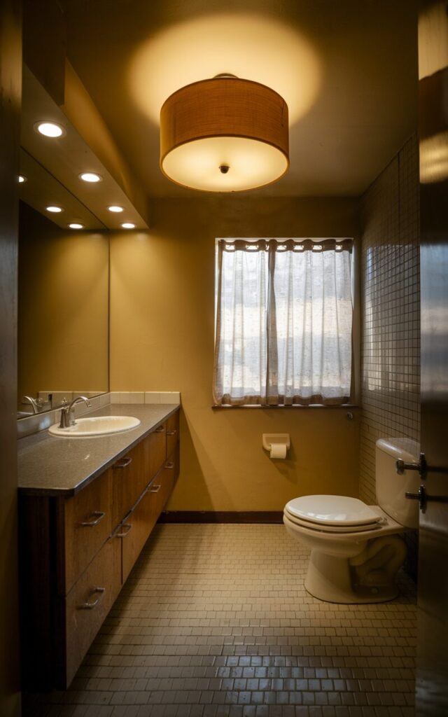 A photo of a mid-century modern bathroom with a retro drum pendant in a mustard color providing recessed lighting. The vanity, floor, and toilet all have a mid-century modern touch. There is a curtained window in the bathroom. The bathroom is fully furnished. The lighting is solely from the interior light source.