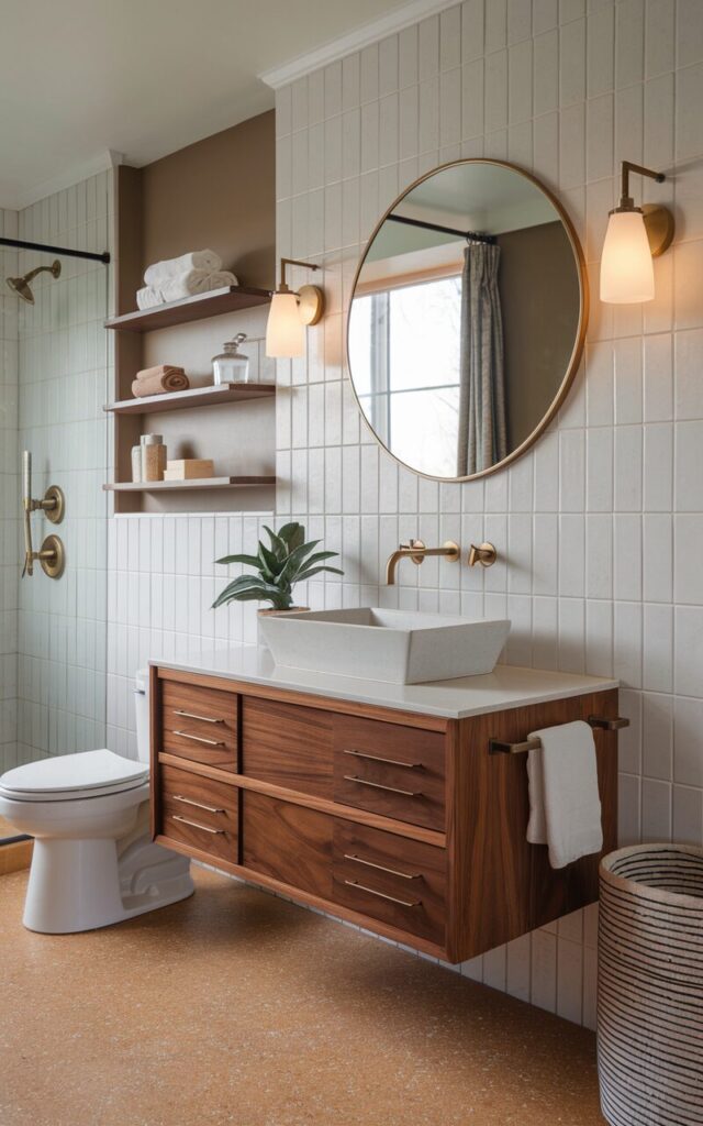A photo of a mid-century modern bathroom with a wall-mounted floating vanity in rich walnut wood. The vanity has flat-front drawers with sleek matte black handles and a white quartz countertop with a rectangular vessel sink and a wall-mounted brass faucet. The background wall is tiled in soft matte white with vertical stacked tiles and features a circular mirror with a thin bronze frame. Modern sconce lights with opal glass shades flank the mirror. The floor is covered in warm terrazzo tile. Open shelves with rolled towels and apothecary jars sit nearby. The bathroom contains a toilet, a curtained window, a shower area, a potted plant on the vanity, a woven laundry basket in the corner, and a muted color palette accented with brass and wood tones.