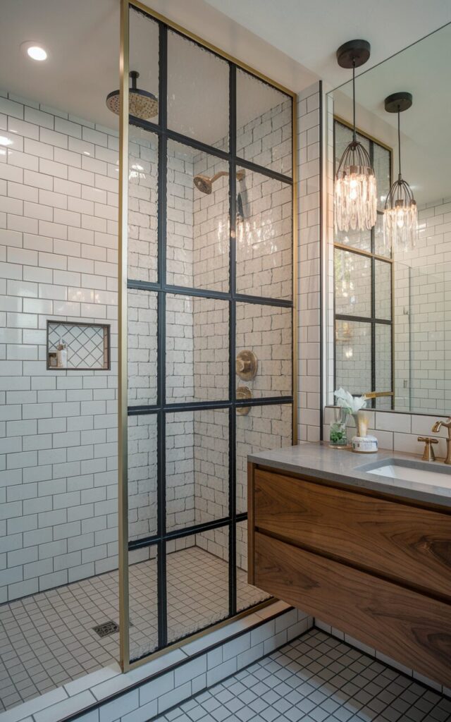 A photo of a mid-century modern bathroom with a custom shower panel made of a mix of opaque and smoked glass panels arranged in a sleek grid pattern with matte black or brass framing. The smoked glass adds a moody, retro edge, while the opaque sections offer privacy. The shower area features matching mid-century tilework, a rainfall shower head, recessed shelving, and LED ceiling lights. The dry area includes a floating walnut vanity, hanging crystal pendant lighting, and curated vintage accents. The overall look is bold, geometric, and stylishly mid-century with a modern twist.