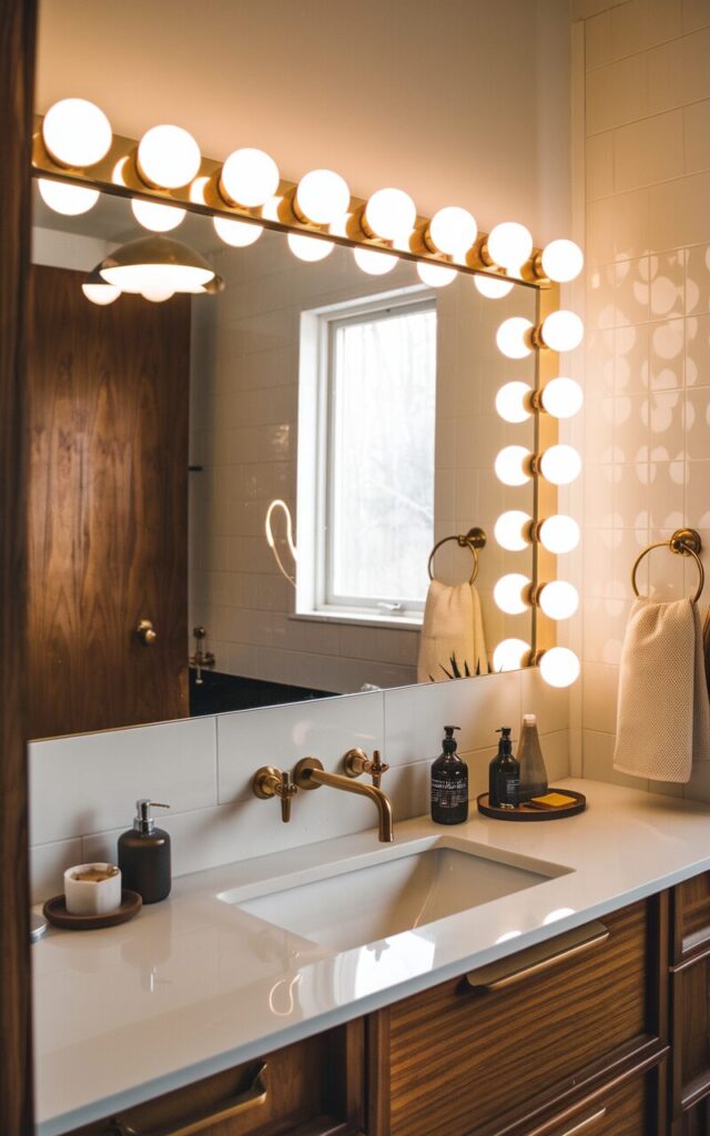 A photo of a fully furnished mid-century modern bathroom. There is a wide, low-profile mirror with integrated globe lighting along its edges. The mirror reflects warm wood tones and sleek white surfaces, complemented by brass fixtures and minimalist decor. Soft ambient light from the globes creates a cozy, vintage-inspired atmosphere, enhancing the clean lines and retro elegance of the space.