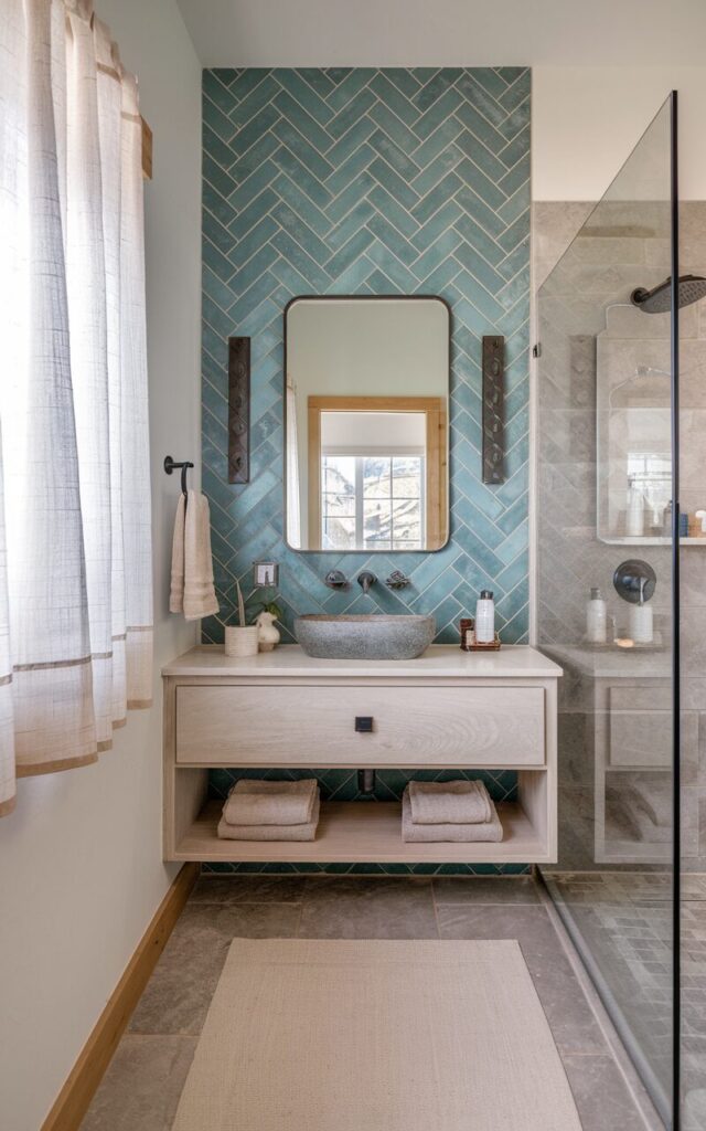 A photo of a fully furnished modern coastal and alpine chic full bathroom. The room features a bold floor-to-ceiling herringbone tile feature wall in a rich aqua green color. The tile runs seamlessly behind a sleek floating vanity with a light wood finish and a vessel sink. The space includes matte black fixtures, a glass walk-in shower, and soft white walls that contrast with the vibrant tile. Light wood and stone accents add a natural alpine touch, while woven coastal decor and soft towels in sandy hues enhance the breezy, chic atmosphere. Natural light softly filters through a window with sheer linen curtains.