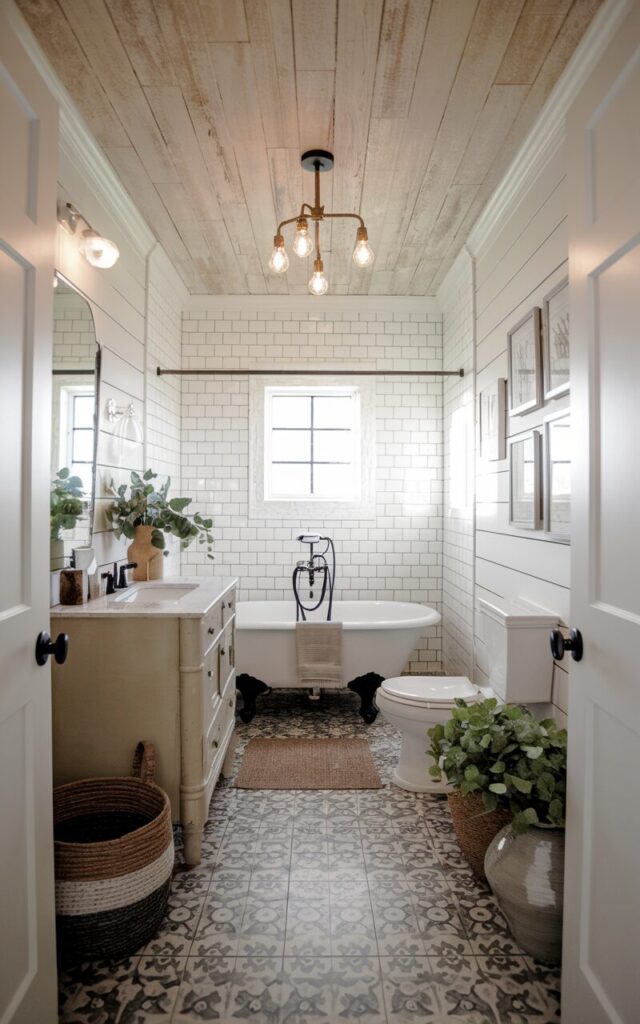 A photo of a fully furnished modern farmhouse bathroom. The ceiling is lined with natural wood planks, adding warmth, texture, and visual interest. A small, vintage-style chandelier with exposed bulbs and an aged brass finish hangs from the center, casting a soft, cozy glow over the space. The bathroom features a freestanding vintage vanity, matte black fixtures, and a clawfoot tub set against white shiplap walls. The patterned cement tile flooring in muted tones grounds the space. Woven baskets, greenery in ceramic pots, and framed art bring a lived-in, layered farmhouse feel to life.