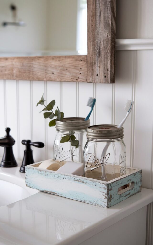 A photo of a fully furnished modern farmhouse bathroom with a vanity. There are 2-3 mason glass jars with rustic metal lids holding soaps, toothbrushes, and a few sprigs of eucalyptus. The jars sit on a small hand-painted wooden tray, keeping items tidy but delightfully farmhouse-chic. The nostalgic look of the jars blends perfectly with beadboard walls, a reclaimed wood mirror, and cross-handle faucets.