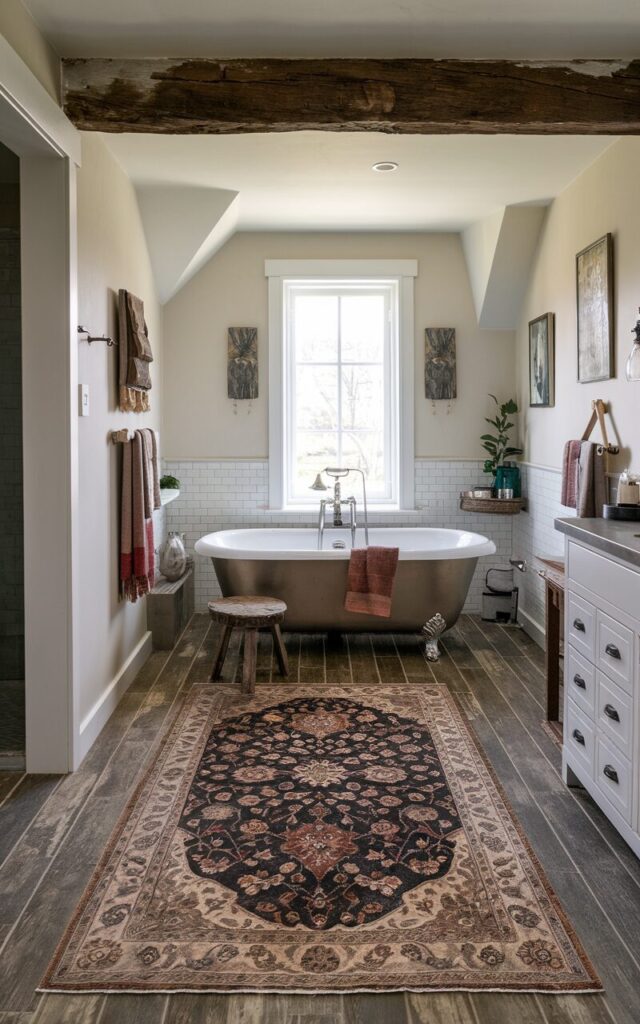 A photo of a fully furnished modern farmhouse bathroom. There is a vintage-style rug with a floral pattern in earthy reds, deep blues, and soft creams near the bathtub. The rug adds rich texture and muted colour to the space. The bathtub is placed on a wood-look tile floor. There is a rustic wooden stool near the bathtub. The bathroom has a rustic wooden beam on the ceiling. The walls have white paint and a few decorative items. The lighting is soft.