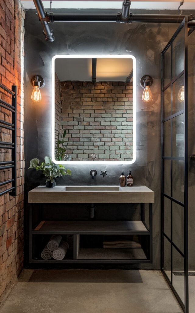 A photo of a modern industrial bathroom with a large frameless backlit LED mirror mounted above a concrete vanity. The mirror casts a soft, ambient glow around its edges, reflecting exposed brick walls in a weathered red tone. The vanity is floating, made of dark, matte metal and raw concrete with open shelving below. Above the mirror, black industrial-style pipe lighting is visible, but turned off. A matte black wall-mounted faucet extends from a rough-textured charcoal plaster wall. Industrial sconces with exposed Edison bulbs frame each side of the mirror for extra drama. Functional elements like a wall-mounted towel warmer with towels, minimalist open storage with rolled towels, and a tall steel-framed shower enclosure with clear glass complete the look. Subtle greenery in a black cement planter adds a soft, fresh contrast to the otherwise rugged vibe.