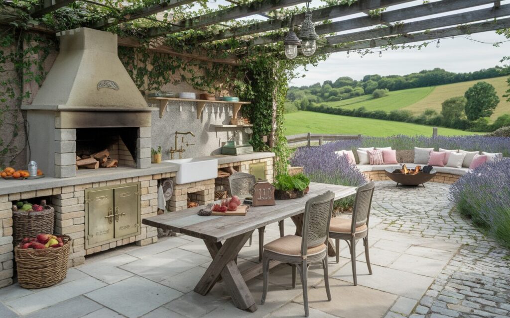 A photo of a fully furnished outdoor kitchen set in the heart of the English countryside, surrounded by rolling green hills and blooming garden borders. The kitchen features a stone-clad wood-fired oven, rustic wooden cabinetry, brass fixtures, and a farmhouse-style sink. A weathered oak dining table with vintage chairs sits under a timber pergola wrapped in ivy. Woven baskets hold fresh produce. Nearby, a cobblestone path winds past a lavender hedge and leads to a cozy firepit lounge. The overall scene feels romantic, charming, and effortlessly lived-in.