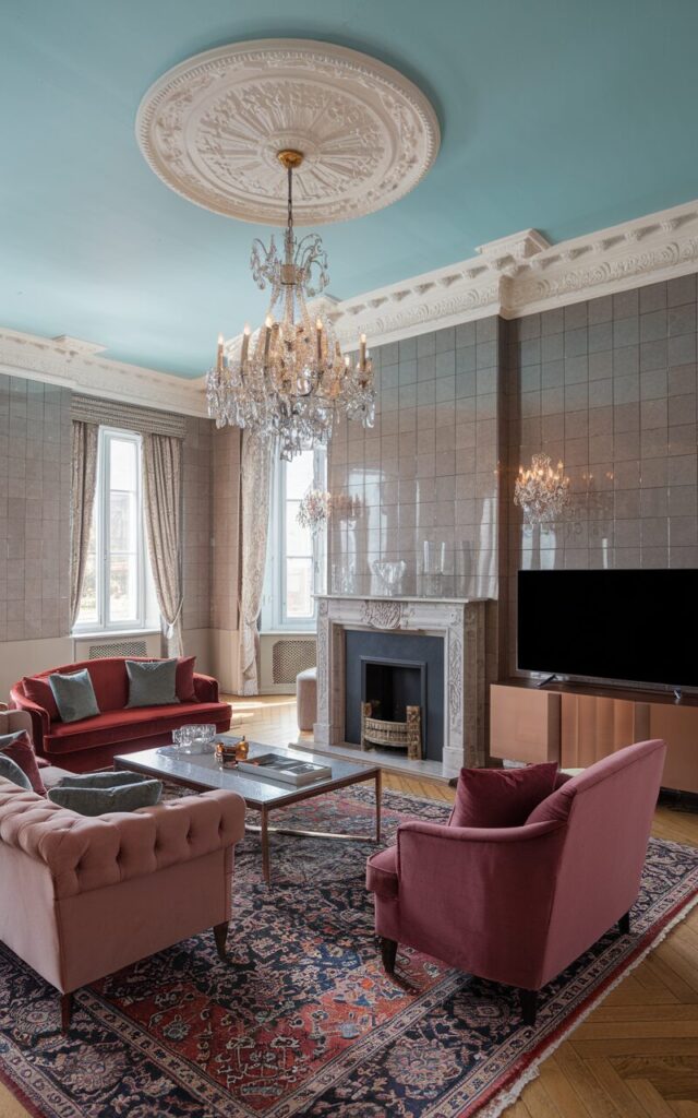 A photo of a fully furnished regal-style living room with light brown tiled walls and a refreshing sky blue ceiling. The elegant ceiling features ornate molding and a grand crystal chandelier (lit-up) hanging at the center, casting a soft glow. A classic white marble fireplace with intricate carvings sits above a sleek TV console. Plush velvet sofas and armchairs in muted jewel tones are arranged around a polished wood coffee table, atop a richly patterned Persian rug. Windows have curtains. Natural light is soft, ambient.