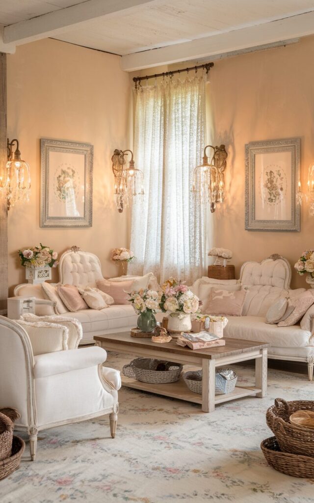 A photo of a fully furnished shabby chic and rustic living room painted in creamy beige. The room is viewed straight on. The walls showcase two elegant framed art pieces hung symmetrically, flanked by vintage-style wall sconces emitting warm light. The space features distressed white furniture with plush cushions, a soft floral-patterned rug, and a reclaimed wood coffee table. Soft pastel accents and delicate lace curtain add a charming, cozy vibe. Woven baskets and fresh flowers complete the look, creating a warm, inviting living room that’s both rustic and effortlessly elegant.