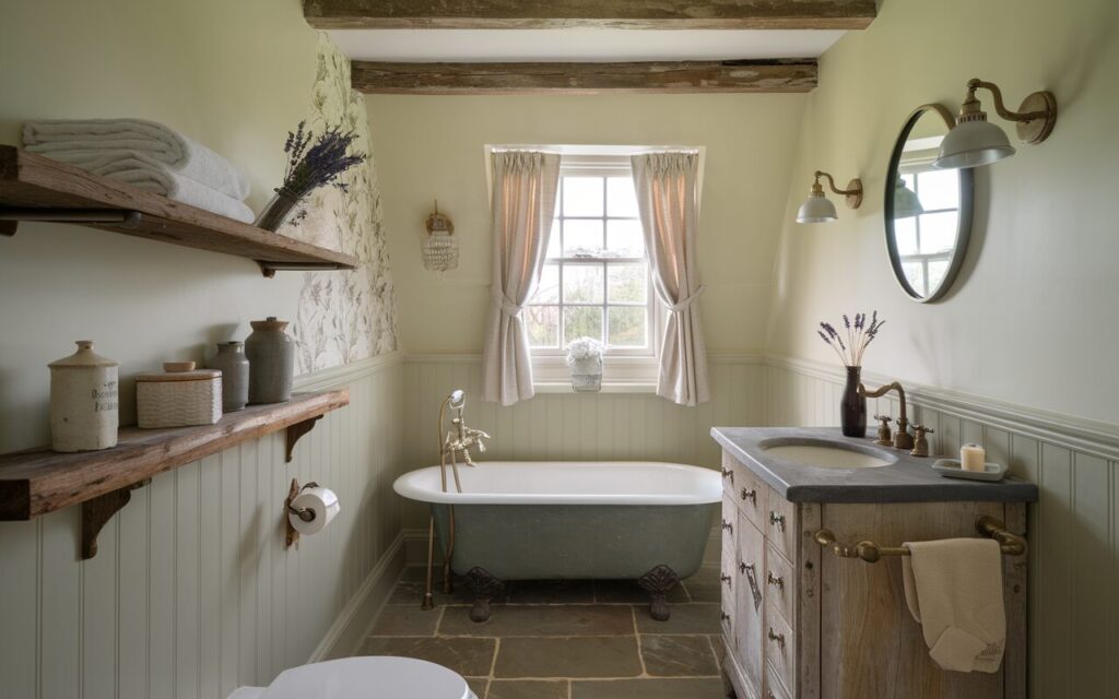 A photo of a small, furnished bathroom with a rustic and English countryside charm. The walls are soft cream or sage green, and there are rustic wood accents, such as exposed ceiling beams and a weathered vanity with vintage-style brass fixtures. There is a compact clawfoot tub beneath a cottage-style window framed by linen café curtains. A reclaimed wood shelf holds rolled towels, ceramic jars, and a sprig of dried lavender. The floor has classic stone tiles in muted earth tones. There is subtle floral wallpaper on one wall, a simple wall sconce, and a small round mirror. The bathroom is cozy, inviting, and perfect for small spaces.