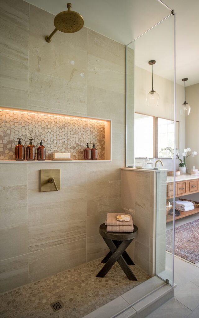 A photo of a fully outfitted modern farmhouse bathroom with a walk-in shower. The shower has a built-in niche lined with intricate mosaic tiles in soft earth tones. Subtle LED strip lighting runs along the top and bottom of the niche, casting a gentle glow. Inside the niche, neatly arranged amber glass bottles and bar soaps rest in style. The shower area has a brass rainfall showerhead and a stool with a folded towel. Outside the shower area, there is a wooden vanity with essentials, pendant lights, and a floor rug. The natural light is soft and ambient.