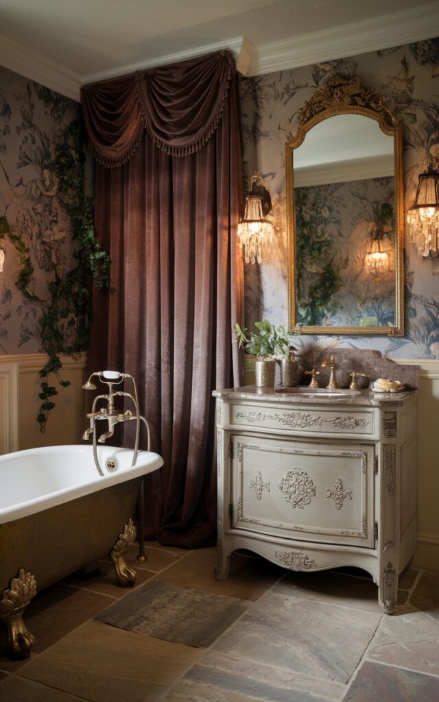 A photo of a bathroom with a vintage clawfoot tub, ornate gold fixtures, and a marble-topped vanity with intricate detailing. The walls and floor are covered with natural stone tiles. There is a gilded mirror above the vanity and crystal sconces on the walls. The room has plush velvet curtains and floral wallpaper in muted tones. There is also fresh greenery in the room. The lighting is warm.