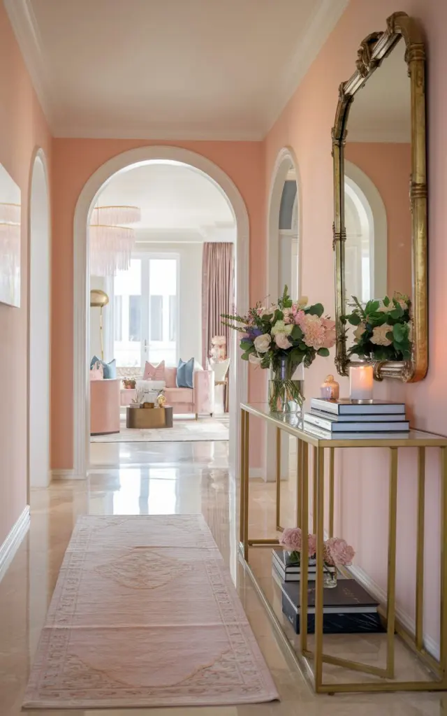 A photo of a chic hallway with soft blush-toned walls, leading to a stylish living room with a large, decorative mirror with an ornate gold frame. The hallway has a sleek console table with gold accents, topped with a vase of fresh flowers, a stack of glossy coffee table books, and a scented candle. The flooring is polished marble. A plush runner in a soft pastel tone with designs adds comfort.