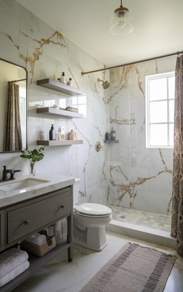A photo of a glam bathroom with marble large tile walls featuring gold veining. The bathroom has a vanity, a toilet, open shelves with essentials, a shower area, a curtained window, a floor rug, and a ceiling pendant light. The natural light is soft and ambient.