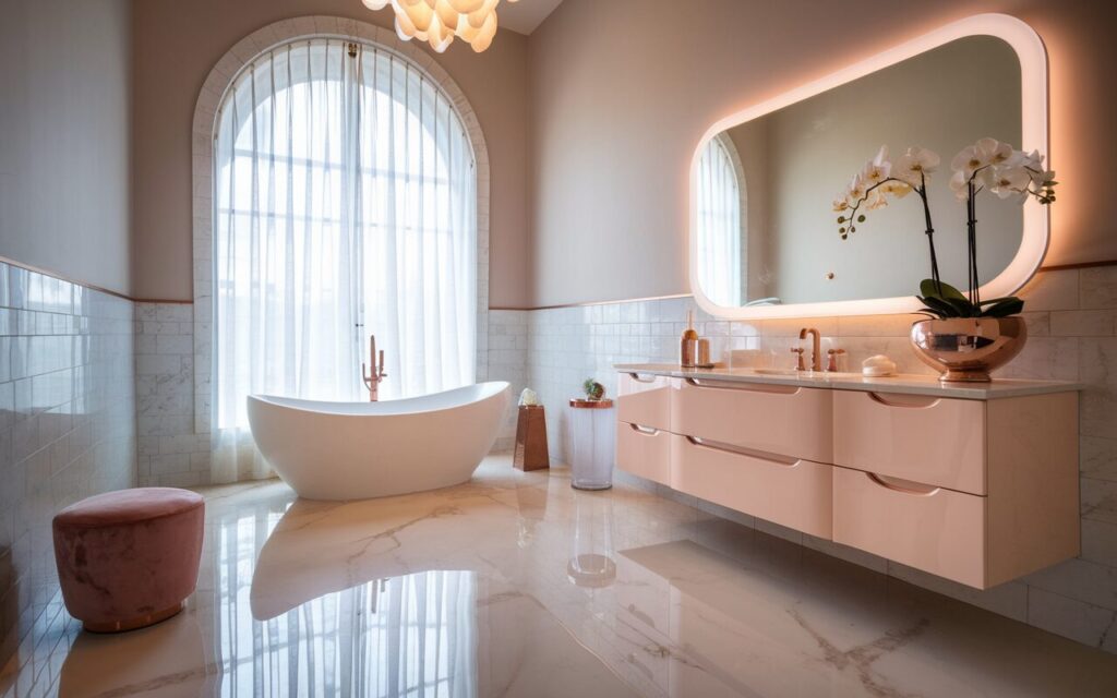 A photo of a modern bathroom with a glossy marble floor in soft blush or ivory tones, reflecting the ambient glow of a sculptural chandelier overhead. A freestanding bathtub with sleek curves sits beneath a tall arched window dressed in soft sheer drapes, diffusing natural light. The vanity is luxe and streamlined—lacquered in high-gloss white—with rose gold hardware that gleams. Above it, a large backlit mirror with rounded edges adds both drama and function. Walls are tiled halfway with polished stone, while the upper half is painted in a soft neutral or dusty rose. Accents like crystal perfume bottles, a velvet-upholstered stool, and tall orchids in a sculptural vase complete the look. Everything feels effortlessly high-end, like a private dressing room in a luxury suite. The bathroom also has a toilet, curtained window, open shelves with essentials, and a recessed ceiling.